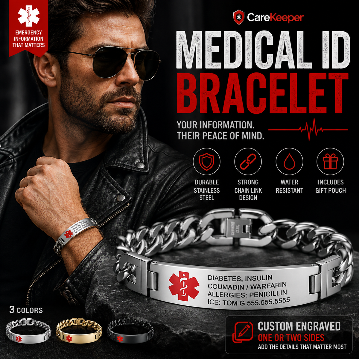 Men’s Personalized Medical ID Bracelet – Custom Engraved Stainless Steel Medical Alert Bracelet