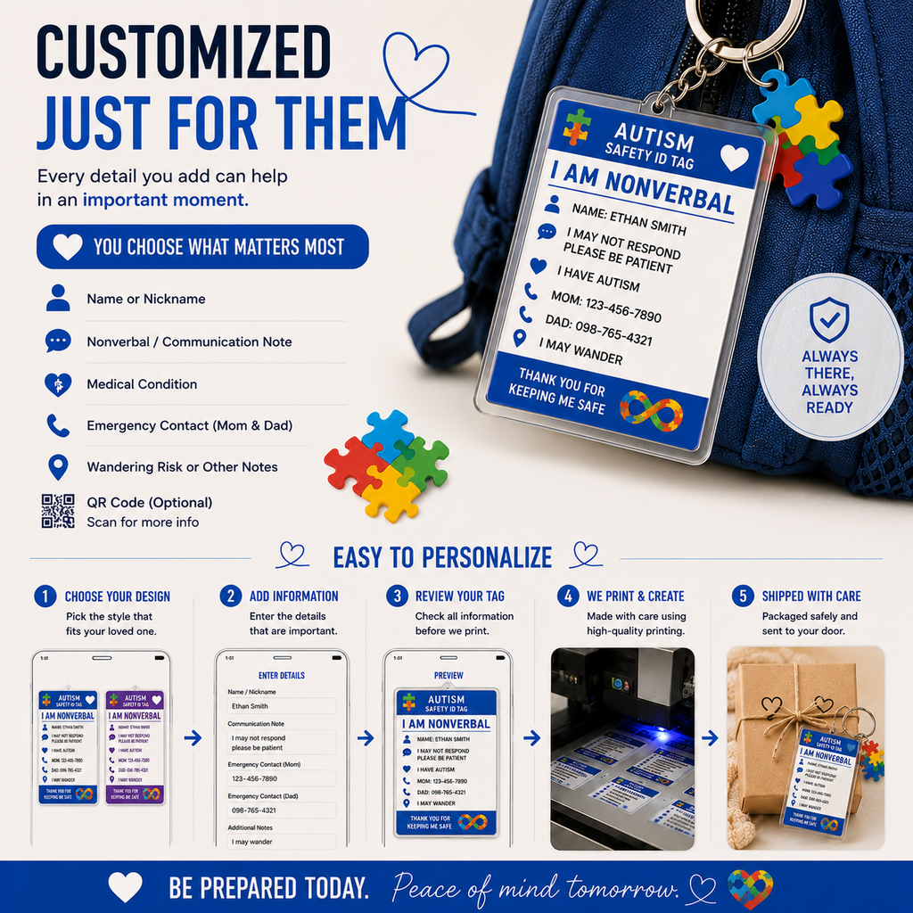Personalized Autism Safety ID Keychain | Custom Nonverbal Medical Alert Tag for Kids | Emergency Identification Backpack Tag | Special Needs Gift
