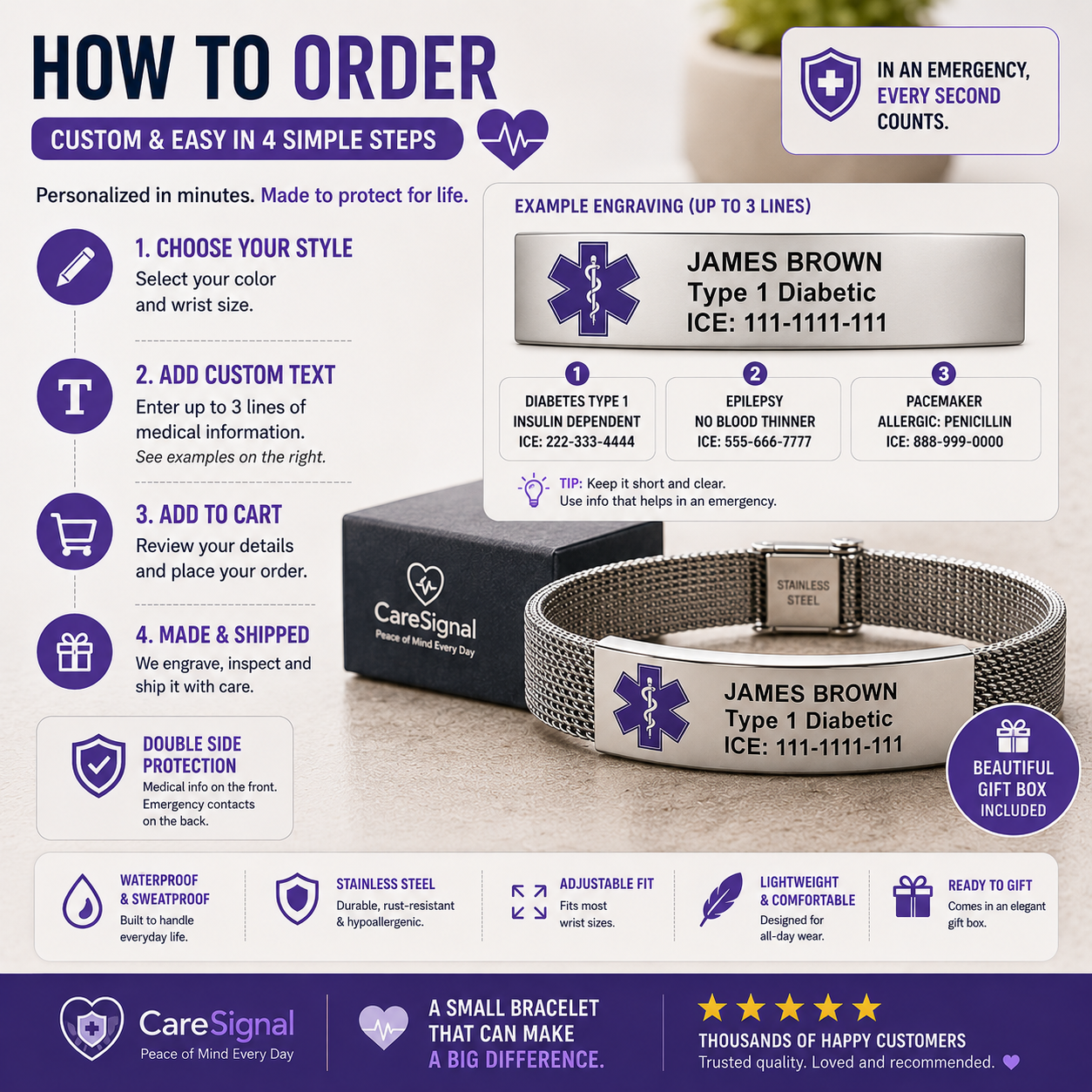 Custom Engraved Medical ID Bracelet – Personalized Stainless Steel Emergency Alert Bracelet | Waterproof Adjustable Medical Alert Jewelry