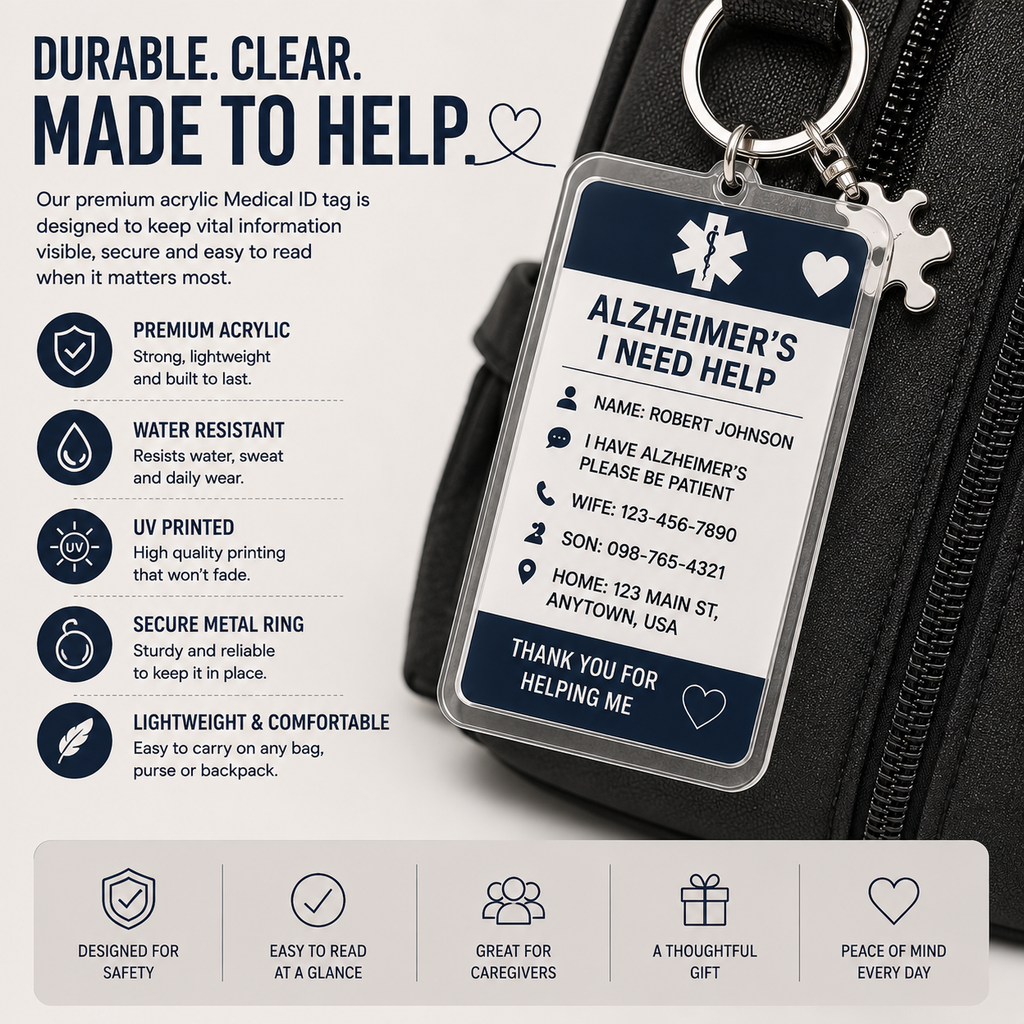 Personalized Alzheimer's Medical ID Keychain – Custom Emergency Contact Tag for Dementia & Memory Care
