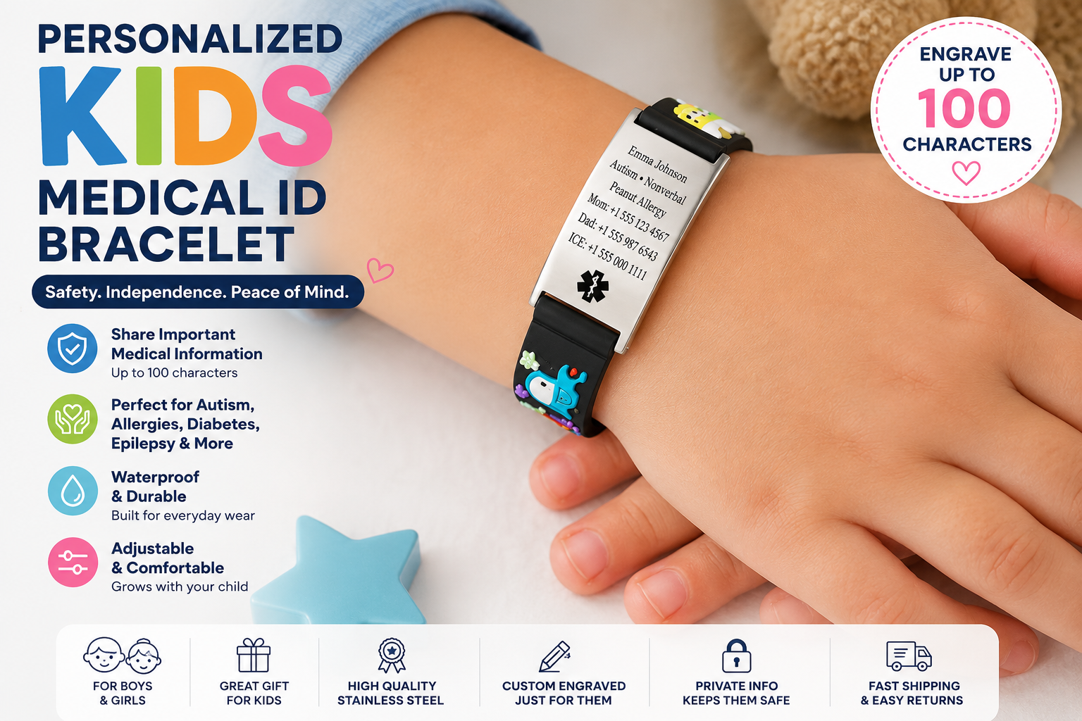 Personalized kids Medical ID bracelet with custom engraving up to 100 characters