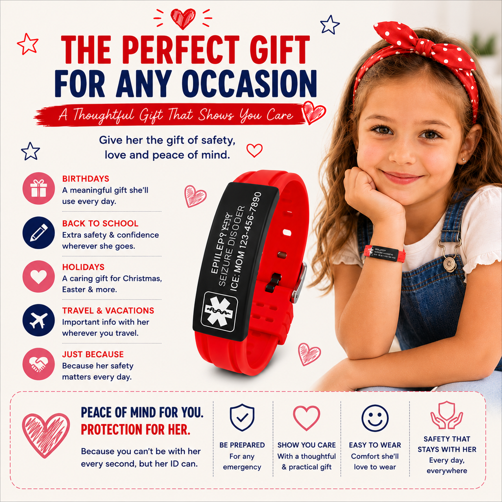 Kids Epilepsy Medical ID Bracelet | Personalized Seizure Alert Bracelet | Custom Engraved Silicone Medical Alert Wristband | Emergency ID for Children