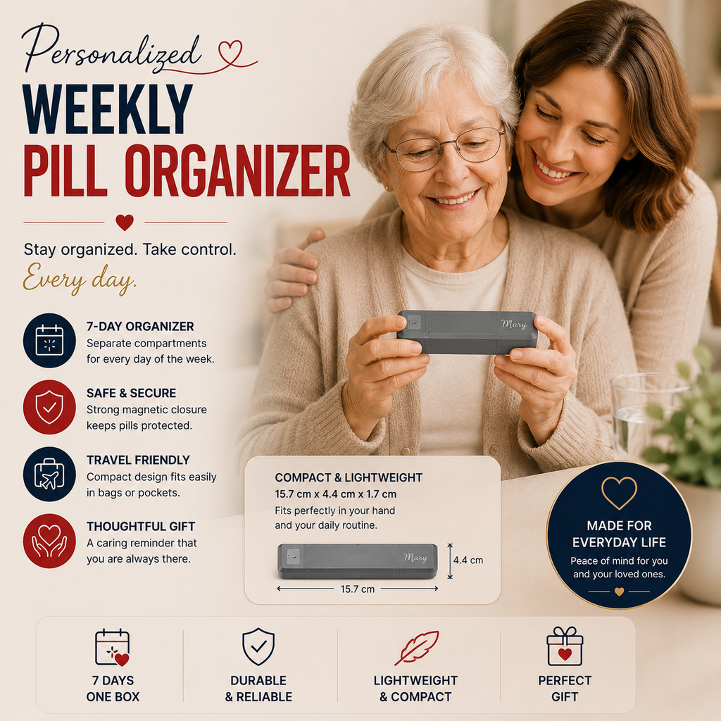 Personalized Weekly Pill Organizer, Custom Pill Box with Name, 7 Day Medication Organizer, Travel Pill Case, Gift for Mom Dad, Senior Medicine Box