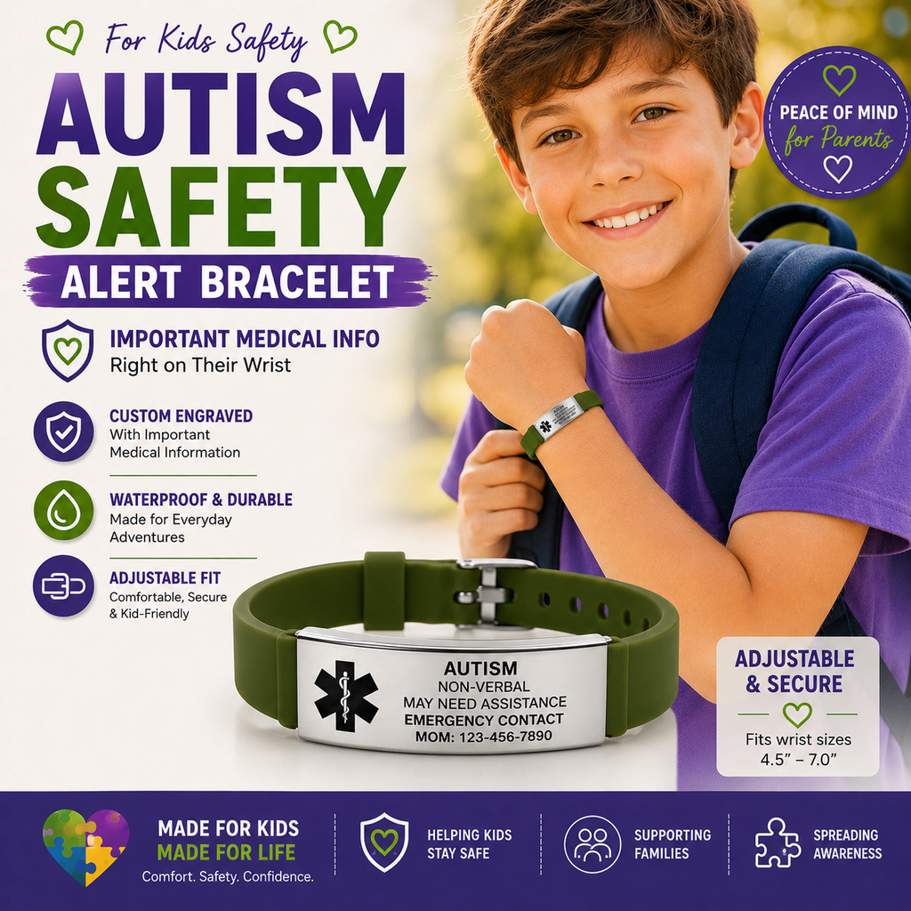 Kids Autism Medical ID Bracelet | Personalized Medical Alert Bracelet | Custom Engraved Silicone ID Wristband