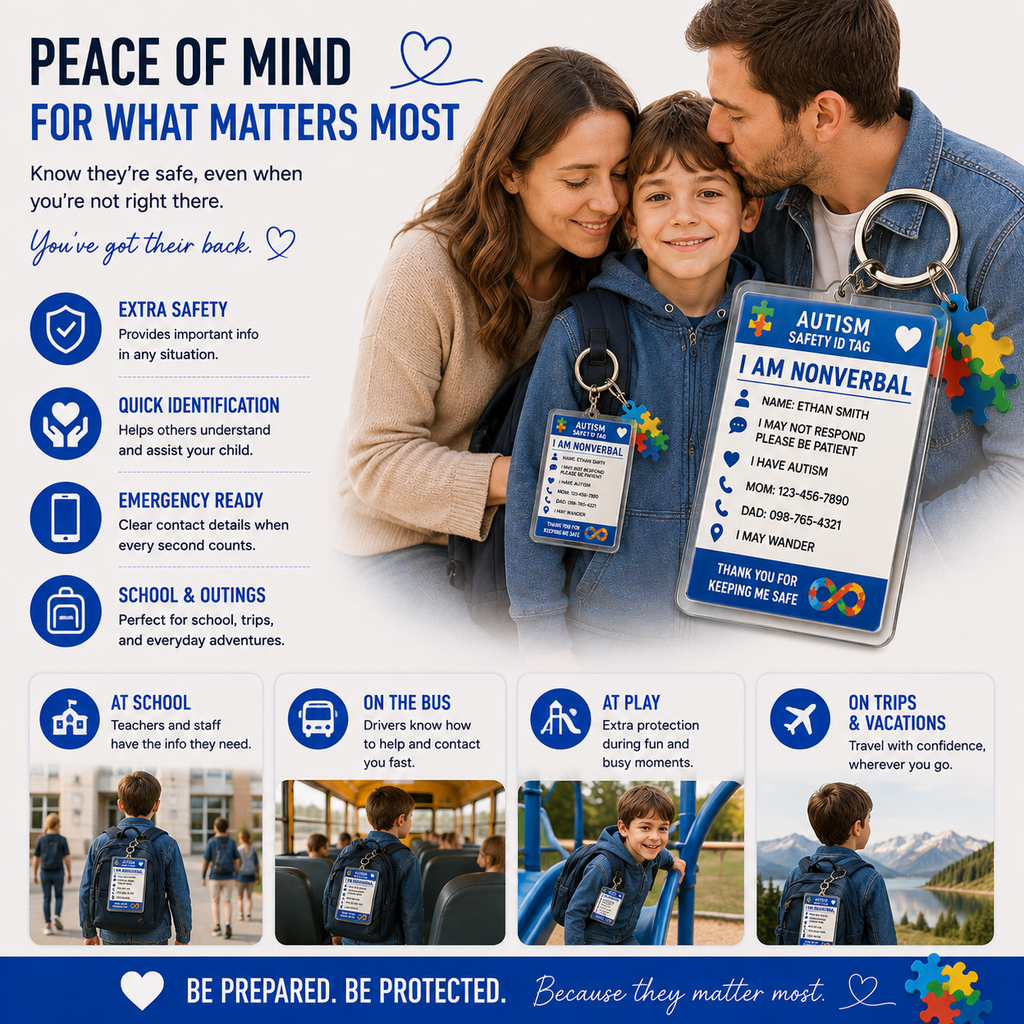 Personalized Autism Safety ID Keychain | Custom Nonverbal Medical Alert Tag for Kids | Emergency Identification Backpack Tag | Special Needs Gift