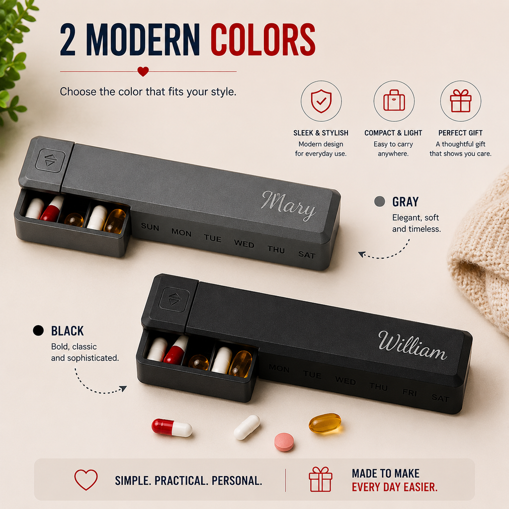 Personalized Weekly Pill Organizer, Custom Pill Box with Name, 7 Day Medication Organizer, Travel Pill Case, Gift for Mom Dad, Senior Medicine Box