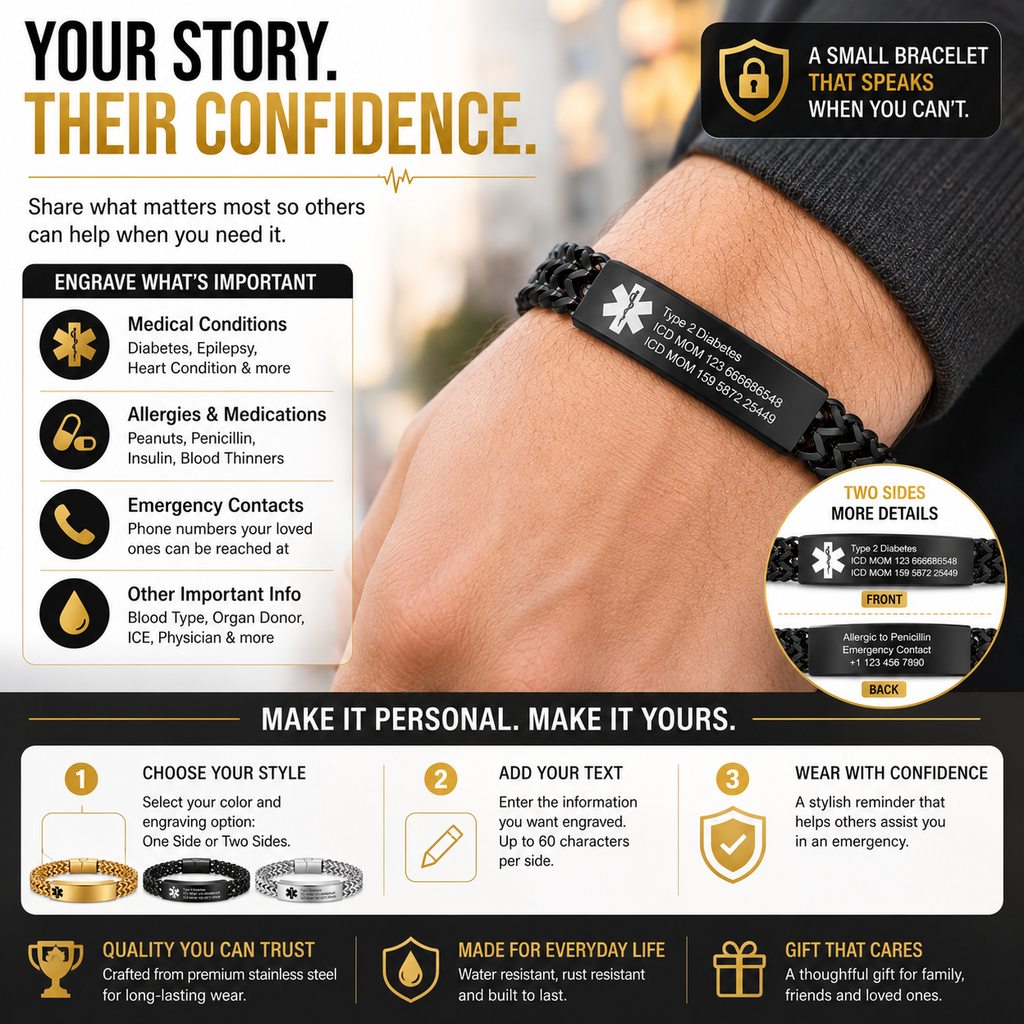 Personalized Emergency Bracelets for Women Men Custom Engraved Medical Alert Information Stainless Steel Medical ID Bracelets