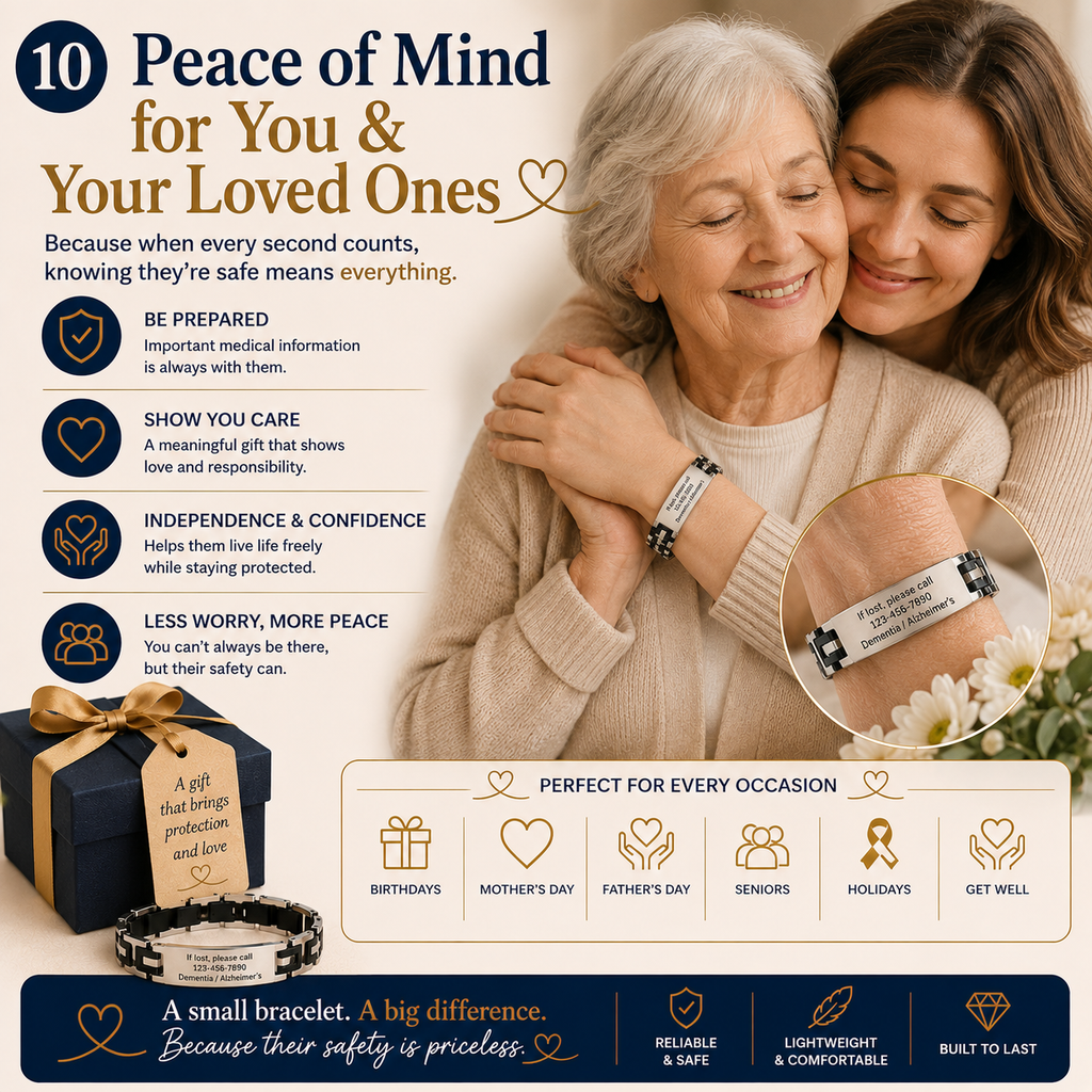 Personalized Medical ID Bracelet for Dementia & Alzheimer's | Custom Engraved Emergency Alert Bracelet | Stainless Steel ID Bracelet with ICE Contact