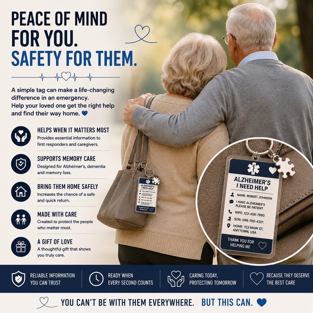 Personalized Alzheimer's Medical ID Keychain – Custom Emergency Contact Tag for Dementia & Memory Care