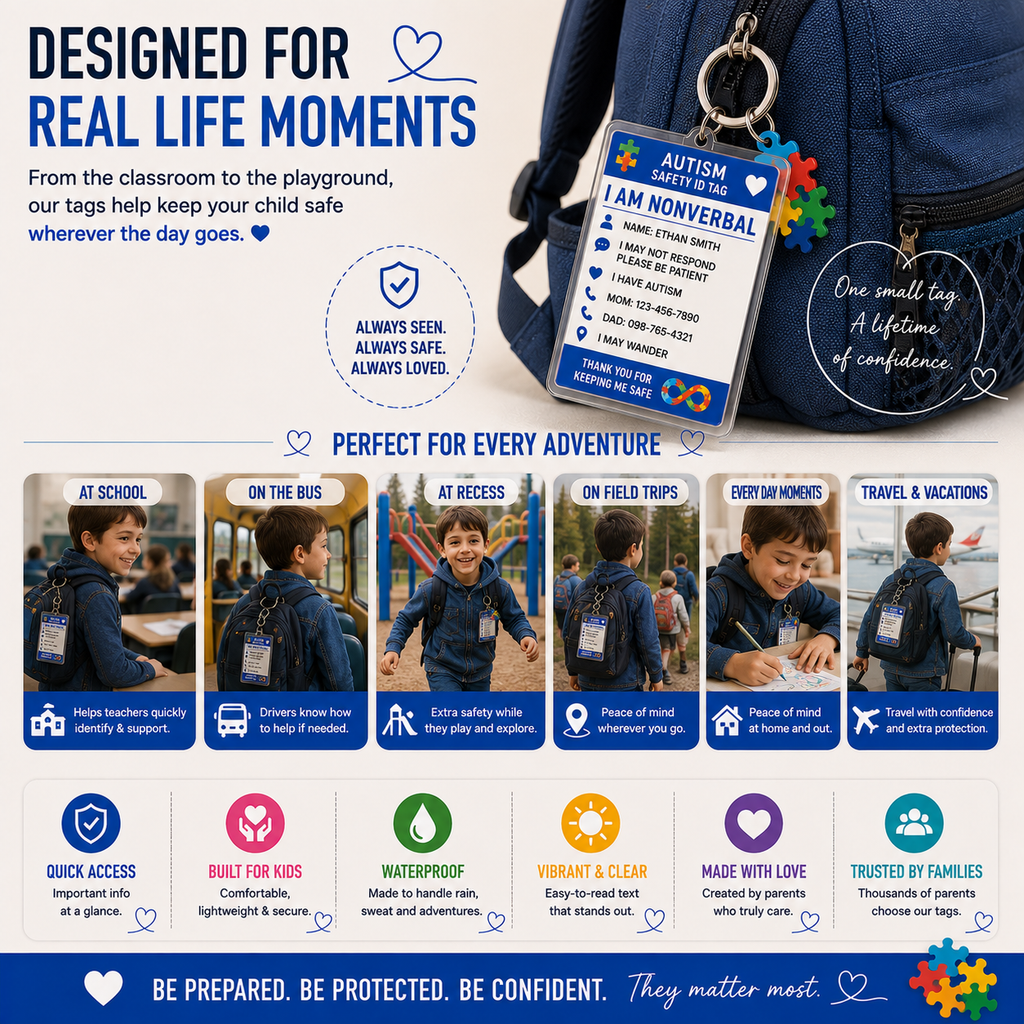 Personalized Autism Safety ID Keychain | Custom Nonverbal Medical Alert Tag for Kids | Emergency Identification Backpack Tag | Special Needs Gift