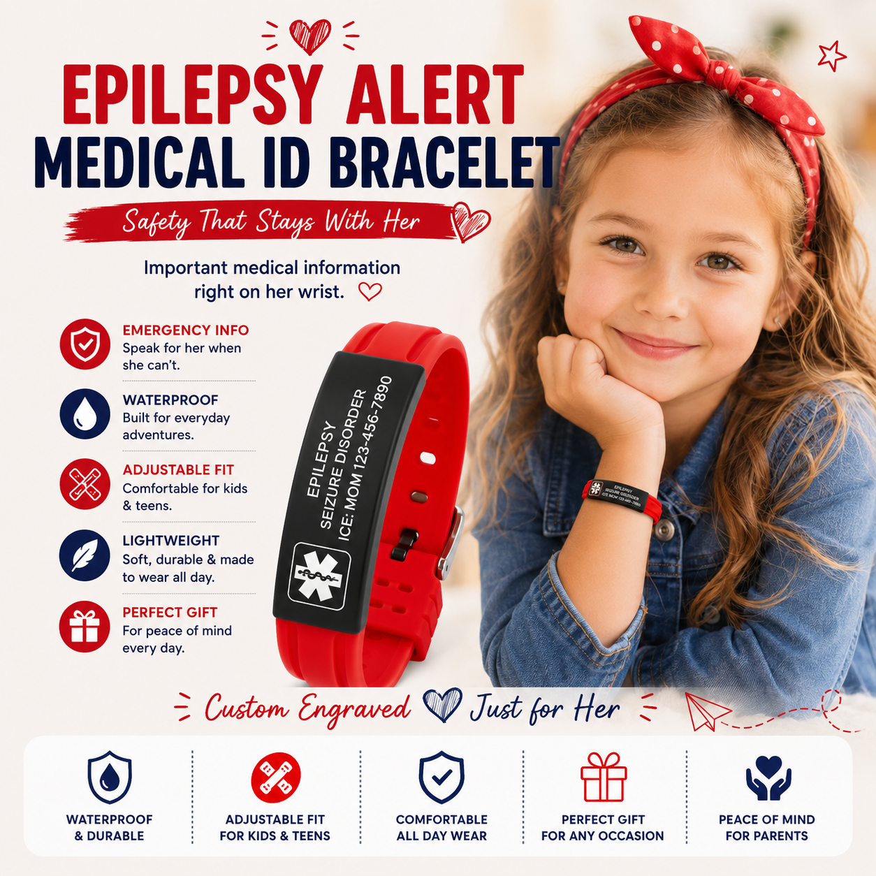 Kids Epilepsy Medical ID Bracelet | Personalized Seizure Alert Bracelet | Custom Engraved Silicone Medical Alert Wristband | Emergency ID for Children