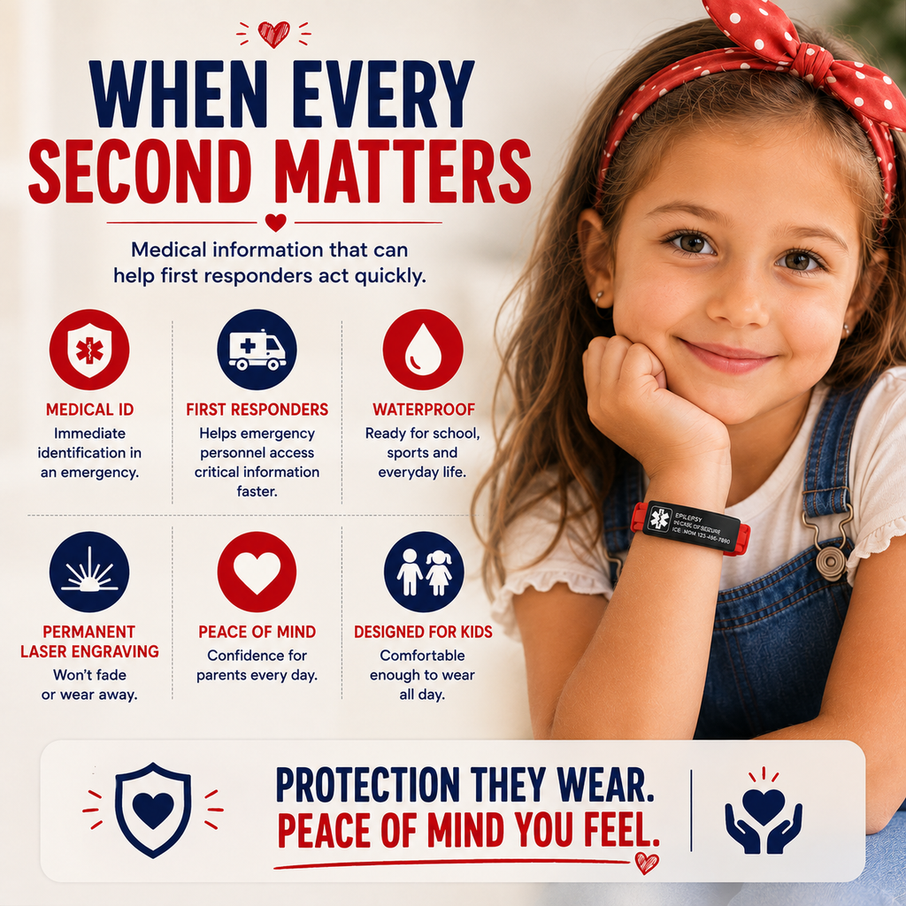 Kids Epilepsy Medical ID Bracelet | Personalized Seizure Alert Bracelet | Custom Engraved Silicone Medical Alert Wristband | Emergency ID for Children