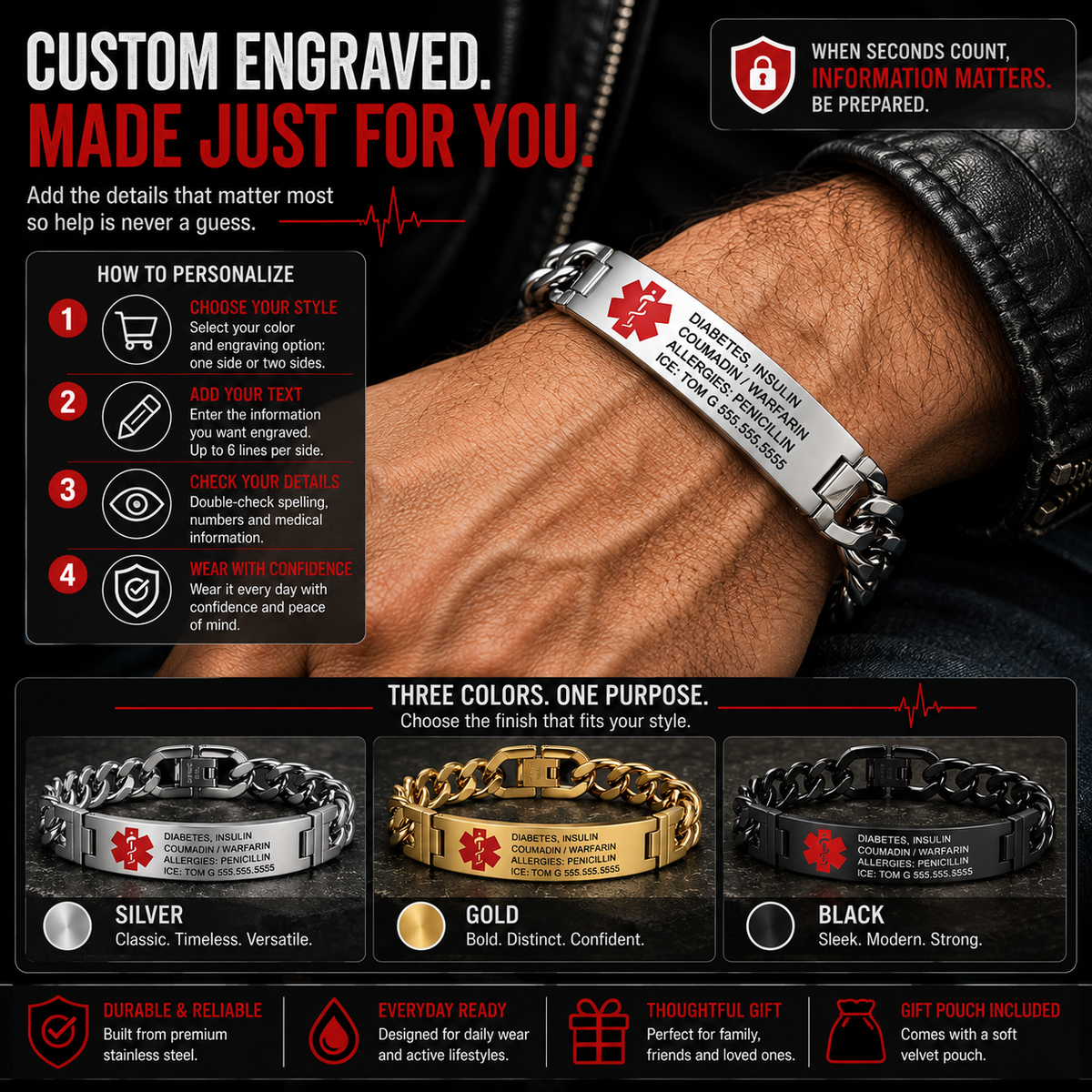 Men’s Personalized Medical ID Bracelet – Custom Engraved Stainless Steel Medical Alert Bracelet