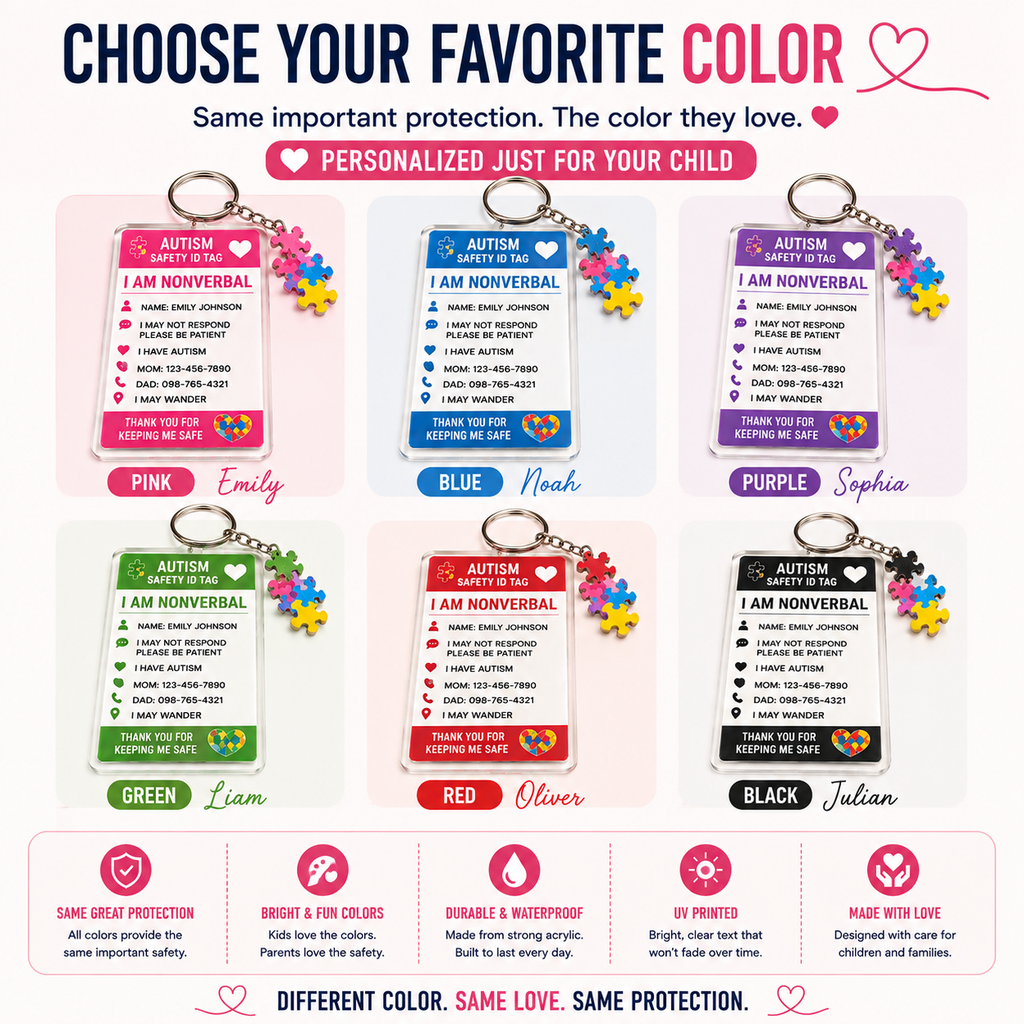 Personalized Autism Safety ID Keychain for Kids | Custom Nonverbal Medical ID Tag | Emergency Contact Backpack Tag