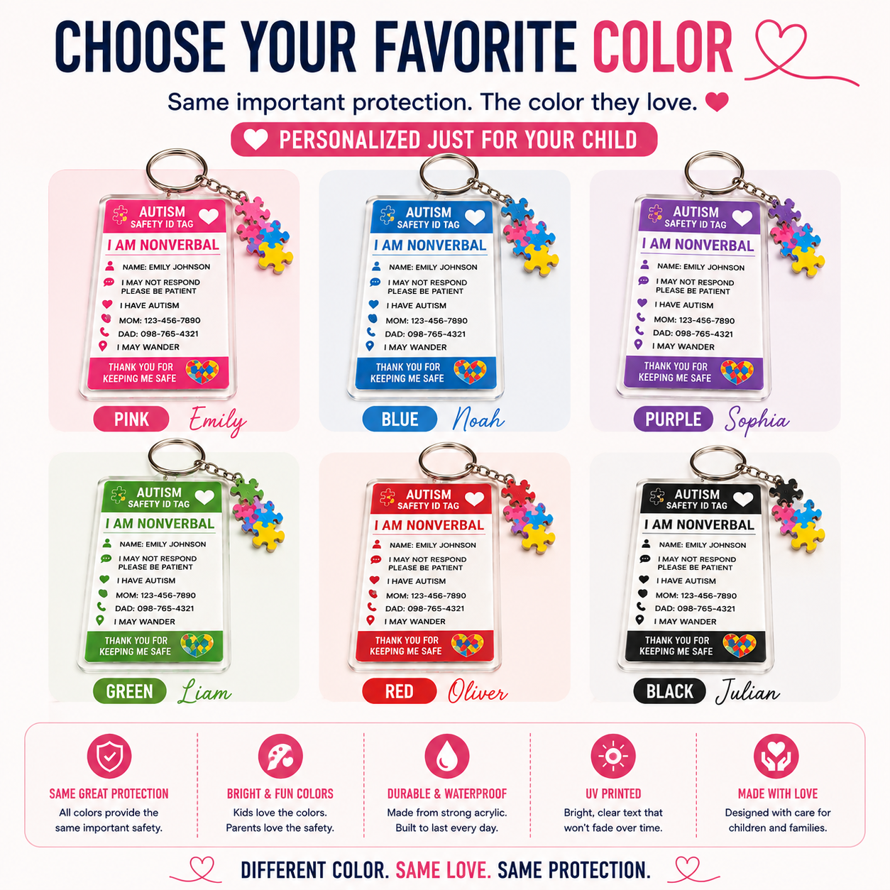 Personalized Autism Safety ID Keychain for Kids | Custom Nonverbal Medical ID Tag | Emergency Contact Backpack Tag