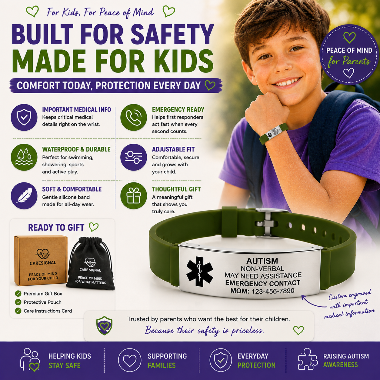 Kids Autism Medical ID Bracelet | Personalized Medical Alert Bracelet | Custom Engraved Silicone ID Wristband