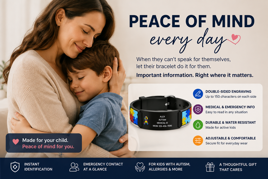 Mother hugging her child wearing a personalized medical ID bracelet for everyday safety and emergency information
