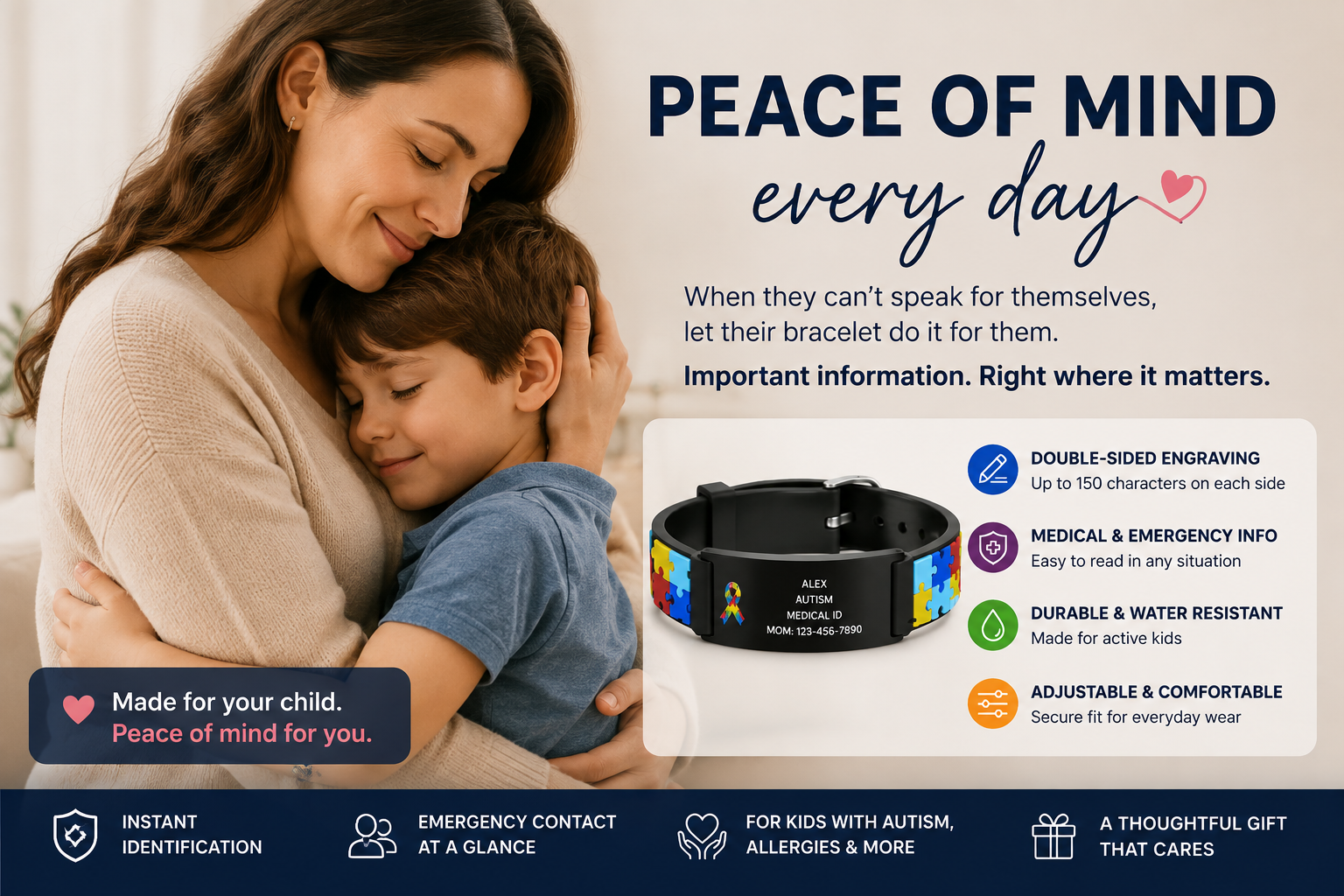 Mother hugging her child wearing a personalized medical ID bracelet for everyday safety and emergency information