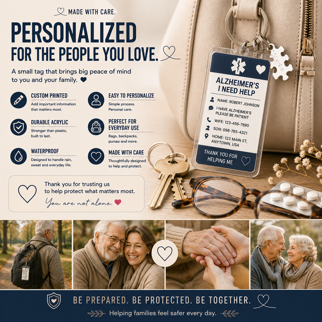 Personalized Alzheimer's Medical ID Keychain – Custom Emergency Contact Tag for Dementia & Memory Care