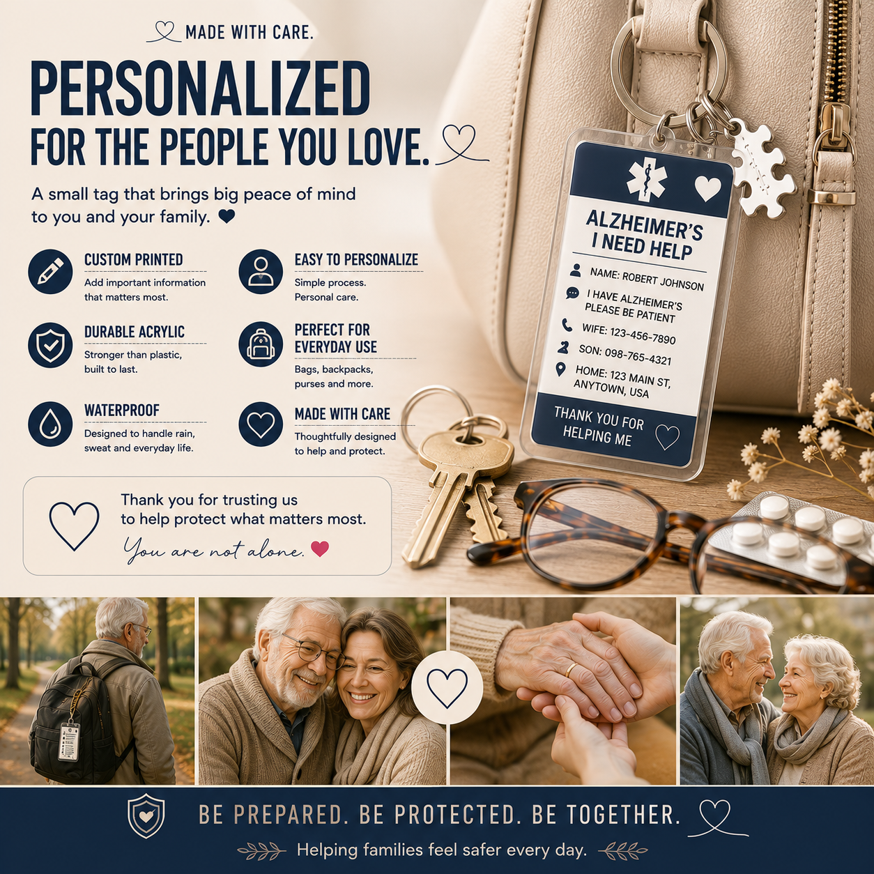 Personalized Alzheimer's Medical ID Keychain – Custom Emergency Contact Tag for Dementia & Memory Care