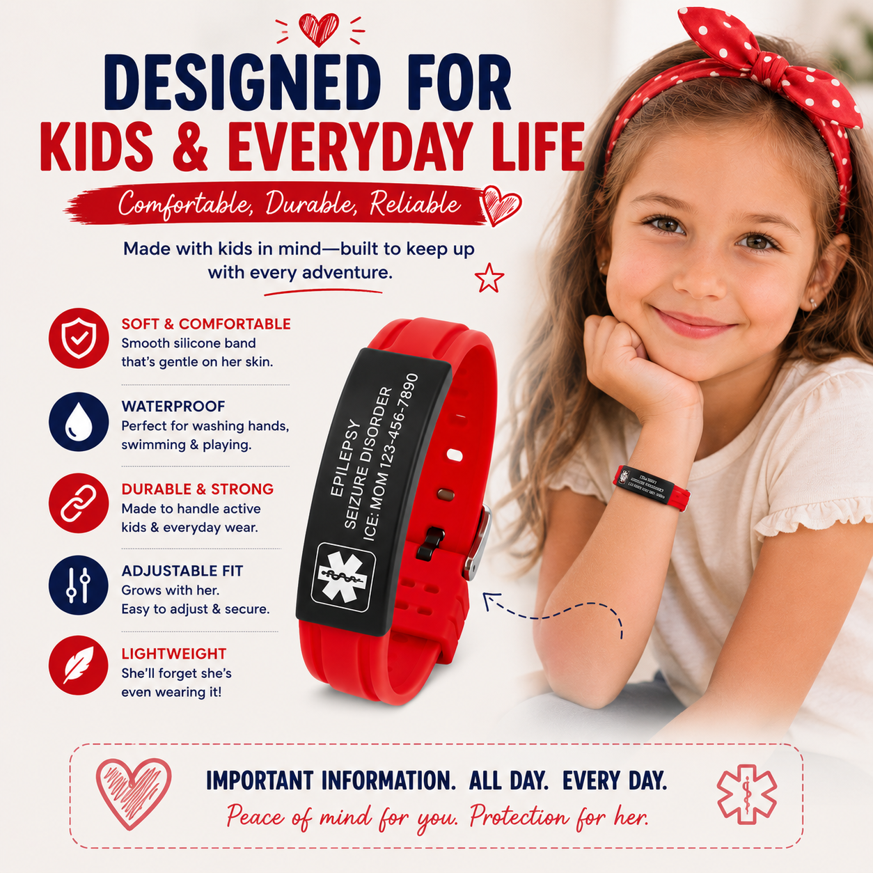Kids Epilepsy Medical ID Bracelet | Personalized Seizure Alert Bracelet | Custom Engraved Silicone Medical Alert Wristband | Emergency ID for Children