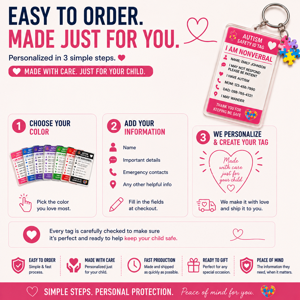 Personalized Autism Safety ID Keychain for Kids | Custom Nonverbal Medical ID Tag | Emergency Contact Backpack Tag