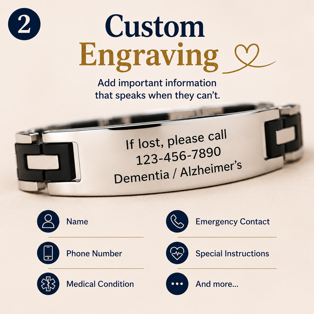 Personalized Medical ID Bracelet for Dementia & Alzheimer's | Custom Engraved Emergency Alert Bracelet | Stainless Steel ID Bracelet with ICE Contact