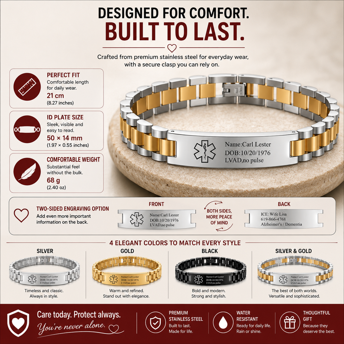 Personalized Emergency Bracelets for Women Men Custom Engraved Medical Alert Information Stainless Steel Medical ID Bracelets