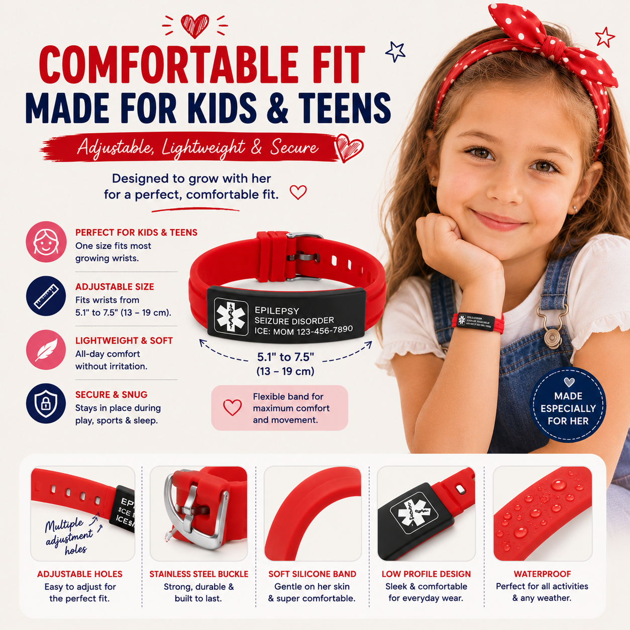 Kids Epilepsy Medical ID Bracelet | Personalized Seizure Alert Bracelet | Custom Engraved Silicone Medical Alert Wristband | Emergency ID for Children