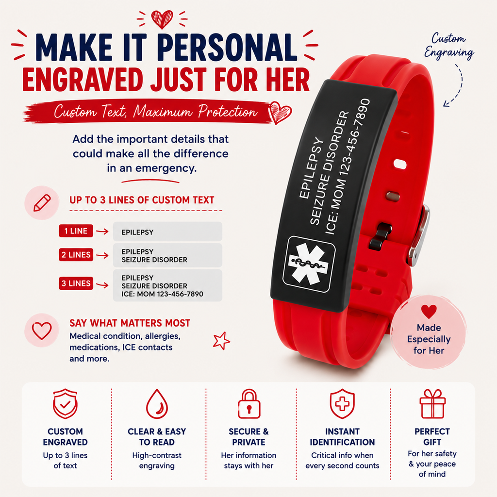 Kids Epilepsy Medical ID Bracelet | Personalized Seizure Alert Bracelet | Custom Engraved Silicone Medical Alert Wristband | Emergency ID for Children