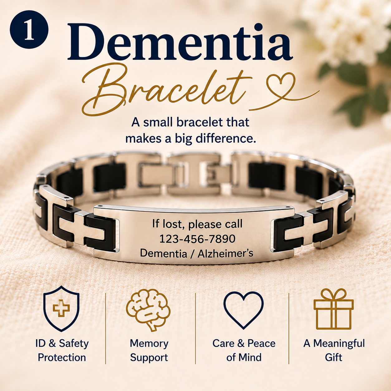 Personalized Medical ID Bracelet for Dementia & Alzheimer's | Custom Engraved Emergency Alert Bracelet | Stainless Steel ID Bracelet with ICE Contact