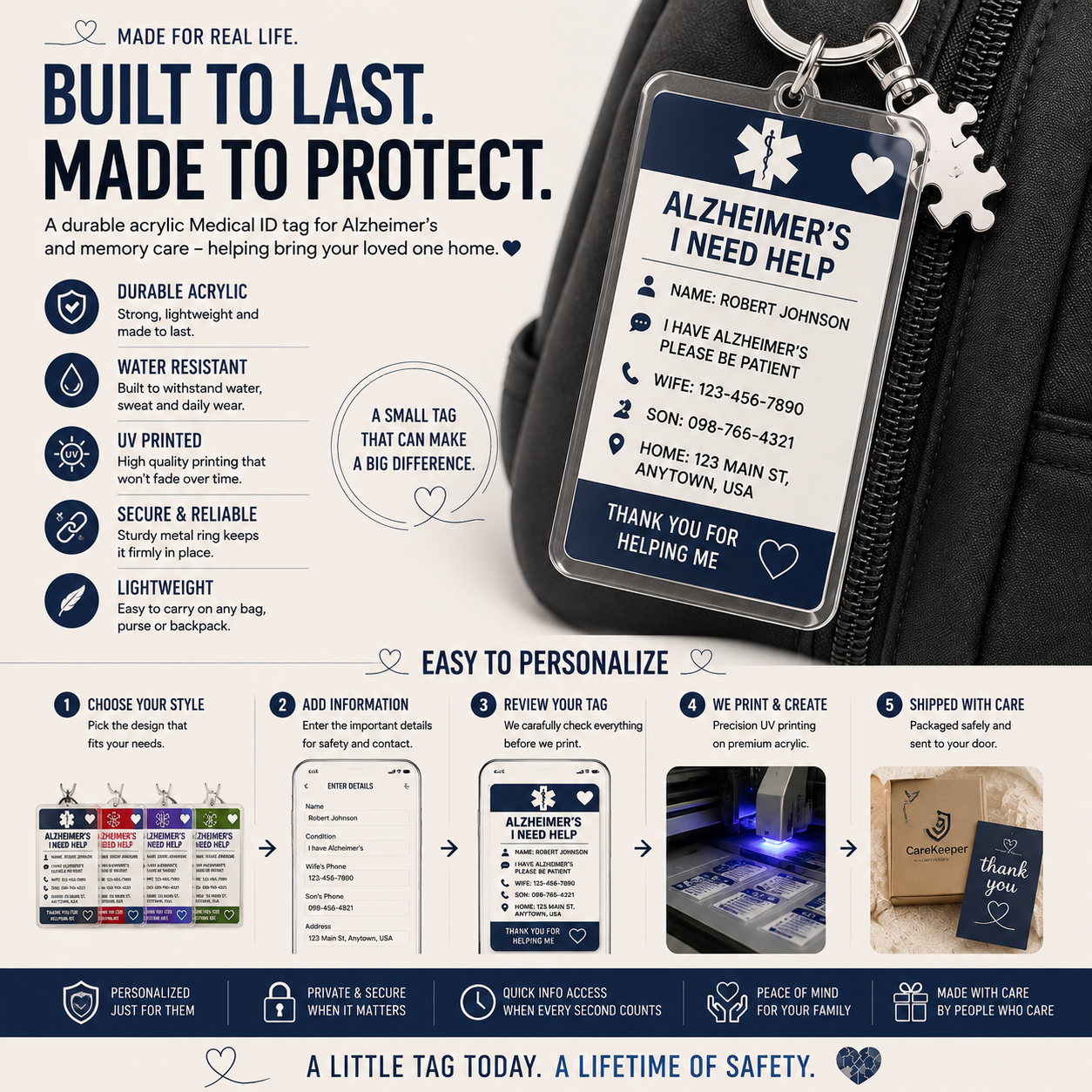 Personalized Alzheimer's Medical ID Keychain – Custom Emergency Contact Tag for Dementia & Memory Care
