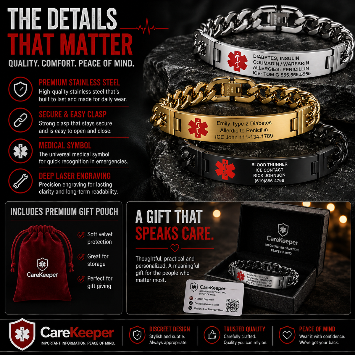 Men’s Personalized Medical ID Bracelet – Custom Engraved Stainless Steel Medical Alert Bracelet