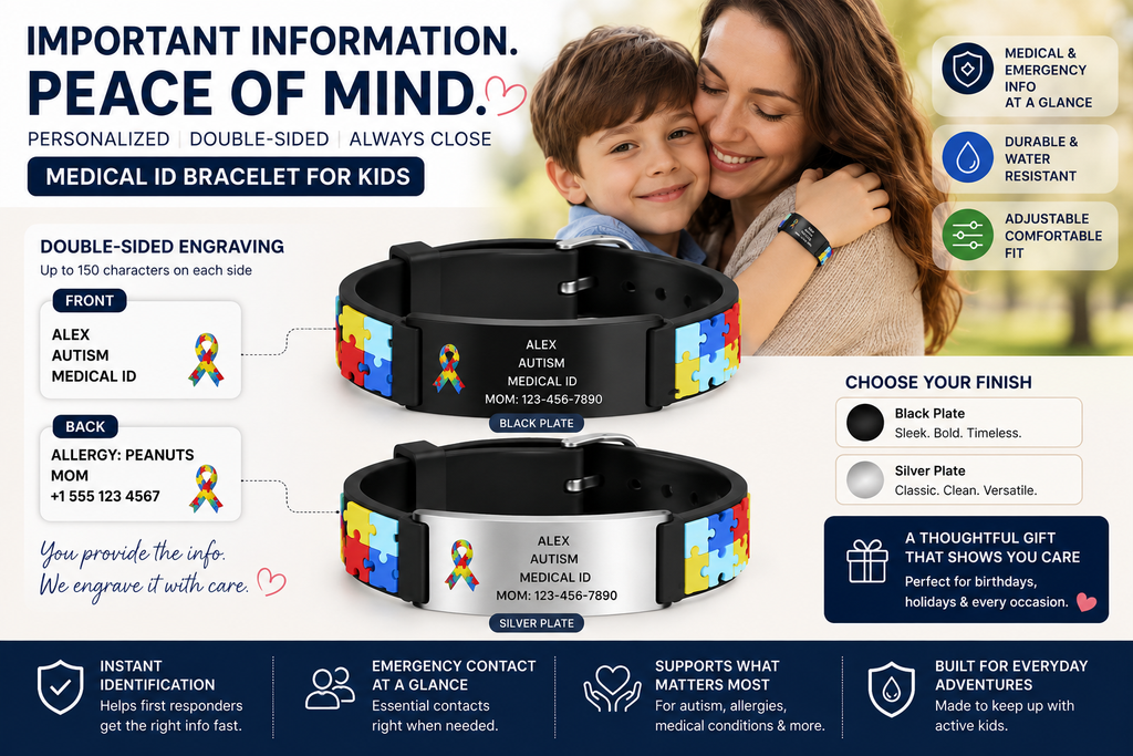 Personalized medical ID bracelet for kids with double-sided engraving and black or silver plate