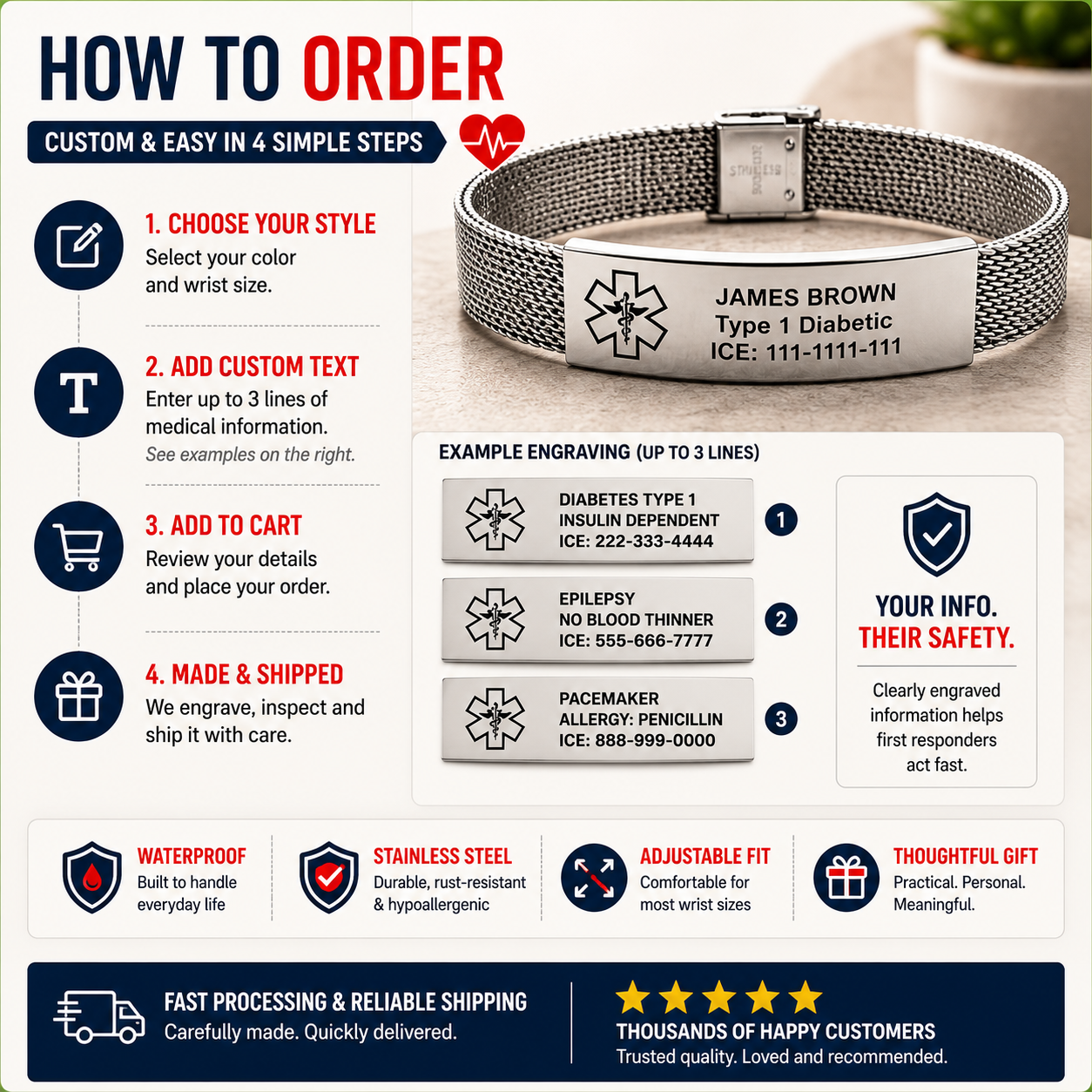Personalized Medical Alert ID Bracelet