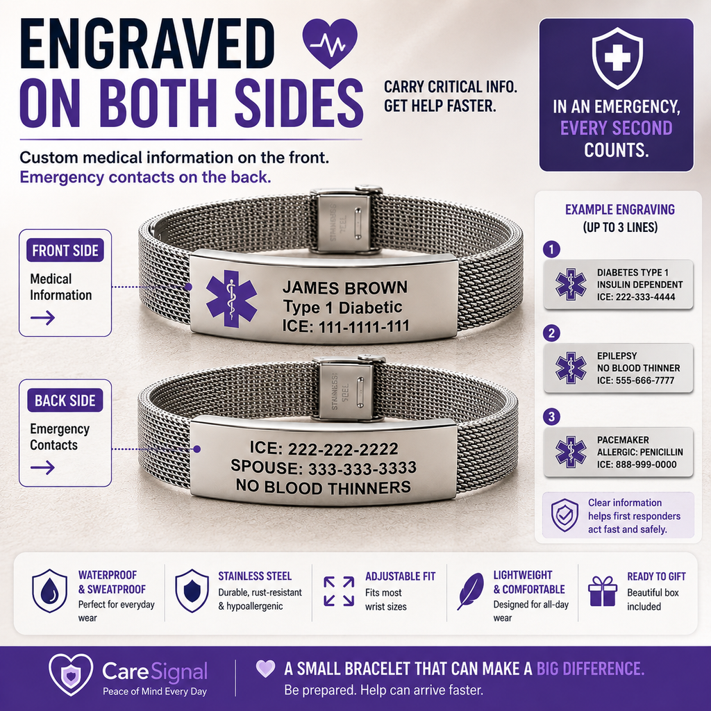 Custom Engraved Medical ID Bracelet – Personalized Stainless Steel Emergency Alert Bracelet | Waterproof Adjustable Medical Alert Jewelry