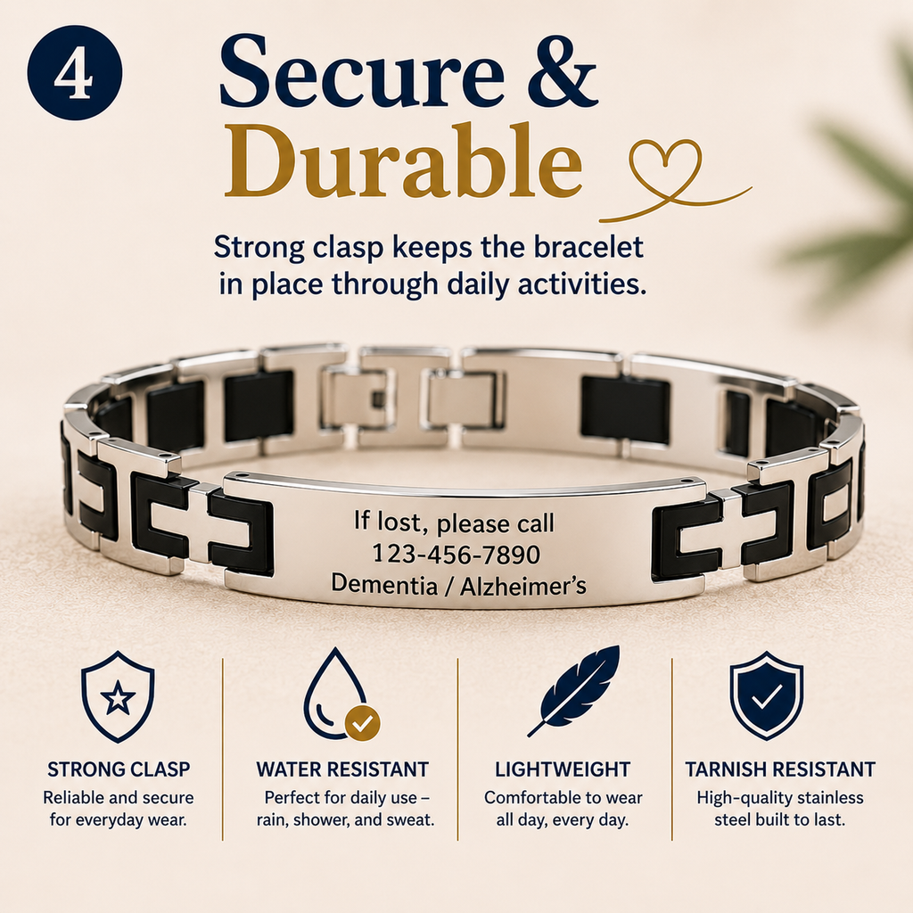 Personalized Medical ID Bracelet for Dementia & Alzheimer's | Custom Engraved Emergency Alert Bracelet | Stainless Steel ID Bracelet with ICE Contact