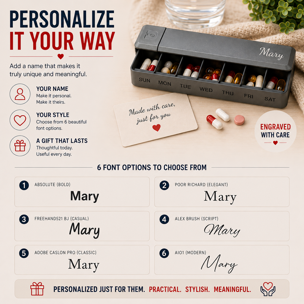 Personalized Weekly Pill Organizer, Custom Pill Box with Name, 7 Day Medication Organizer, Travel Pill Case, Gift for Mom Dad, Senior Medicine Box