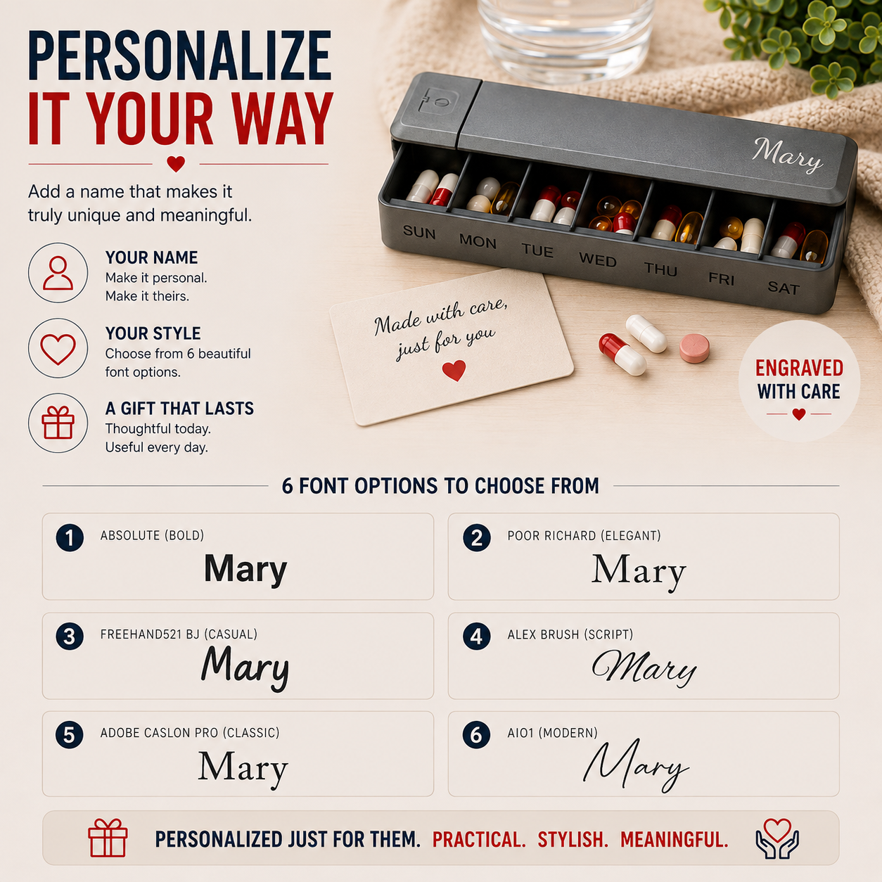 Personalized Weekly Pill Organizer, Custom Pill Box with Name, 7 Day Medication Organizer, Travel Pill Case, Gift for Mom Dad, Senior Medicine Box