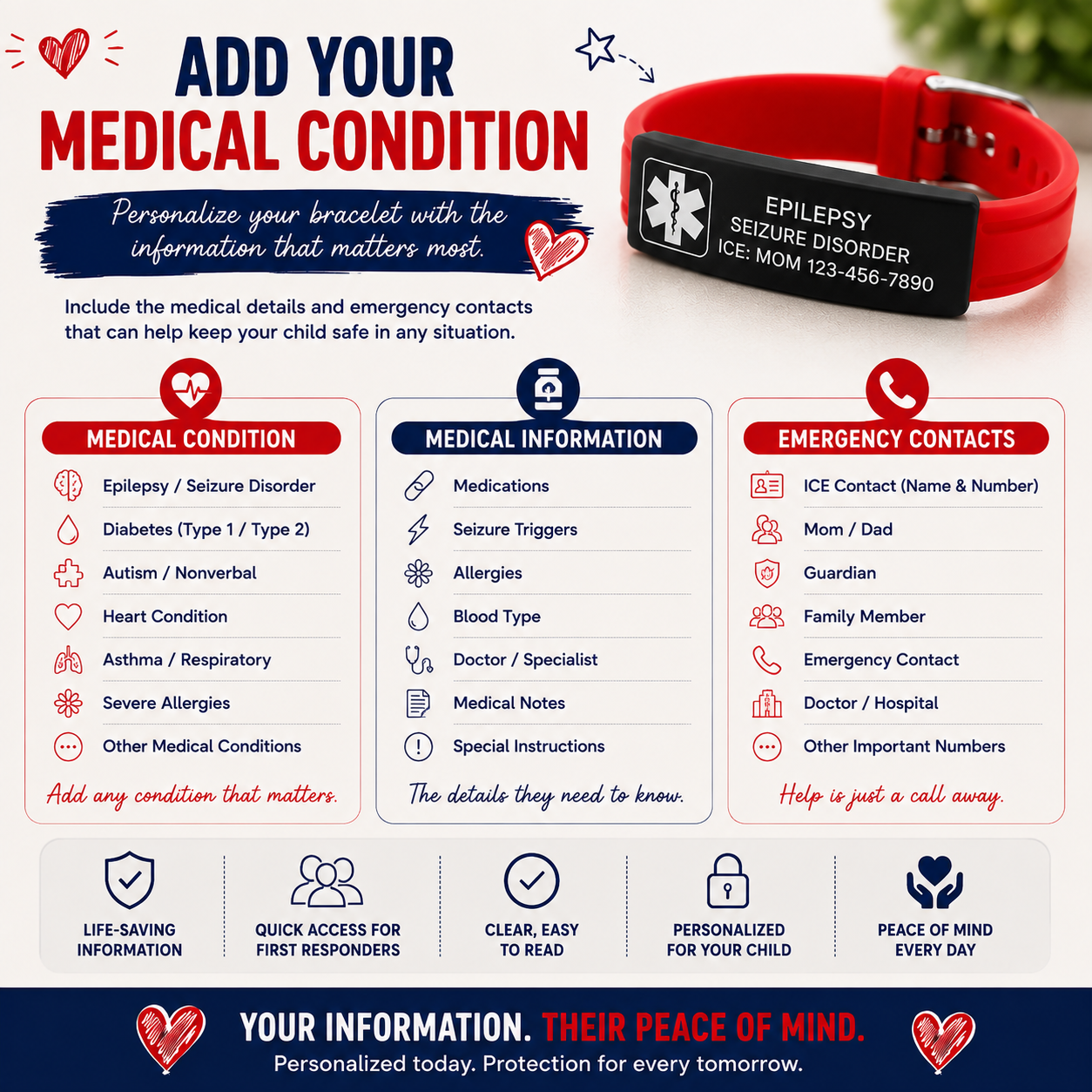 Kids Epilepsy Medical ID Bracelet | Personalized Seizure Alert Bracelet | Custom Engraved Silicone Medical Alert Wristband | Emergency ID for Children