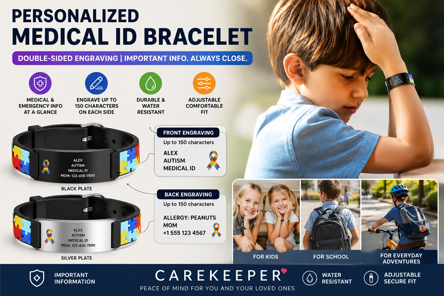 Personalized kids medical ID bracelet with double-sided engraving, black and silver plates