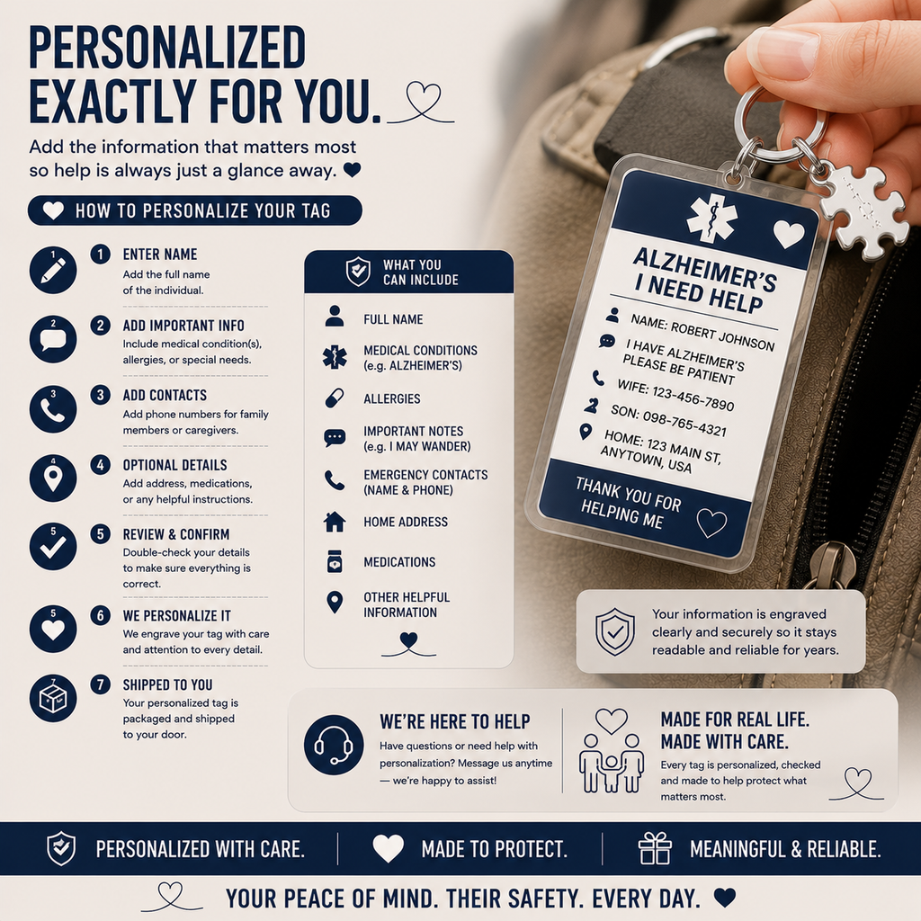 Personalized Alzheimer's Medical ID Keychain – Custom Emergency Contact Tag for Dementia & Memory Care