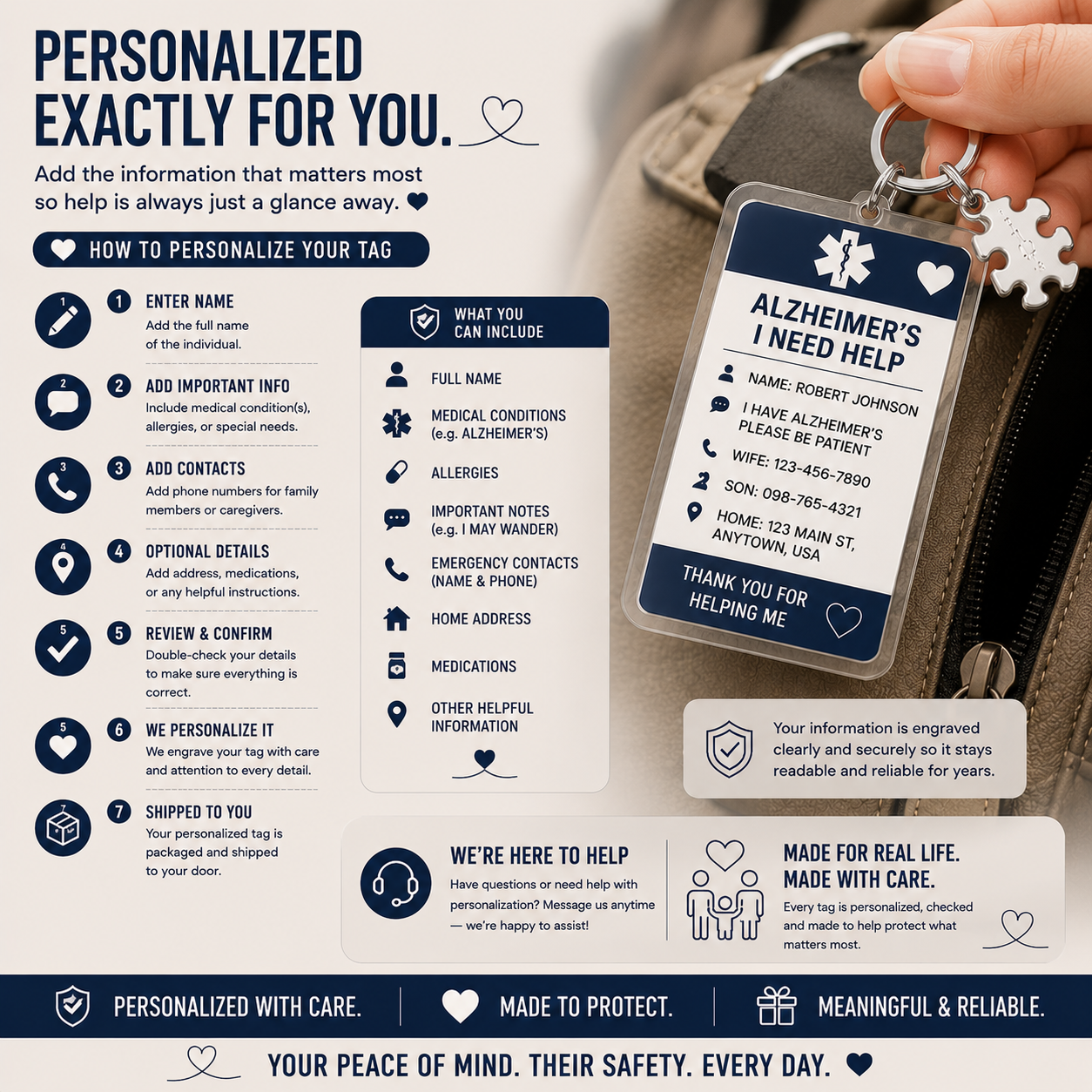 Personalized Alzheimer's Medical ID Keychain – Custom Emergency Contact Tag for Dementia & Memory Care