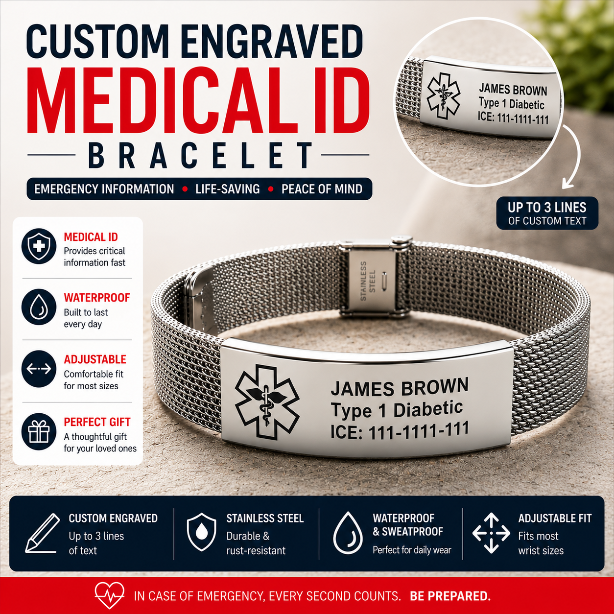 Personalized Medical Alert ID Bracelet