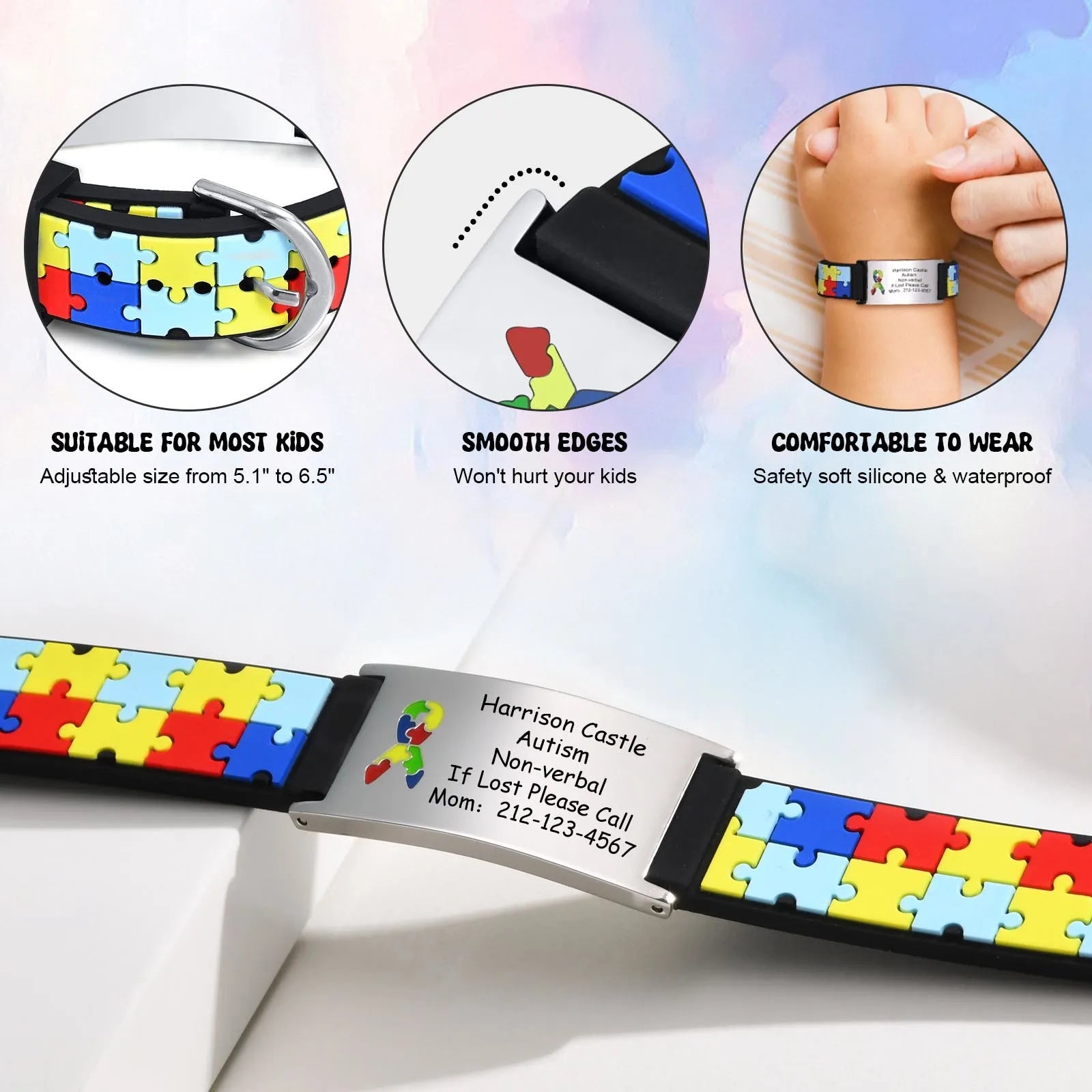Adjustable personalized medical ID bracelet for kids with smooth edges and comfortable silicone band