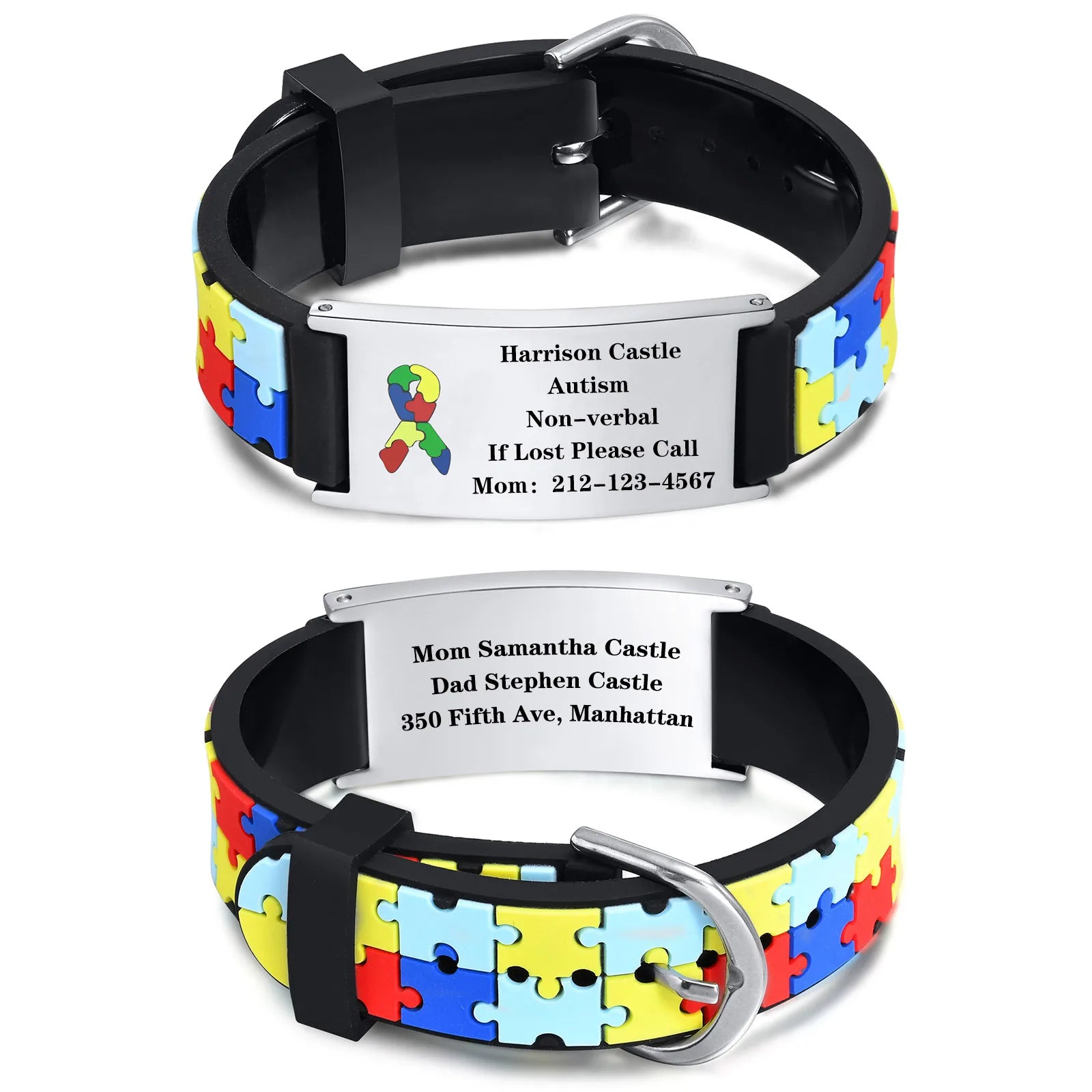 Personalized medical ID bracelet showing front and back engraving on silver ID plate
