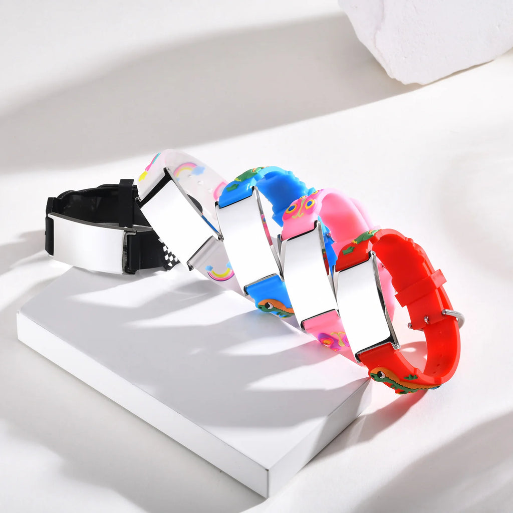 Personalized kids Medical ID bracelets in black, clear, blue, pink and red