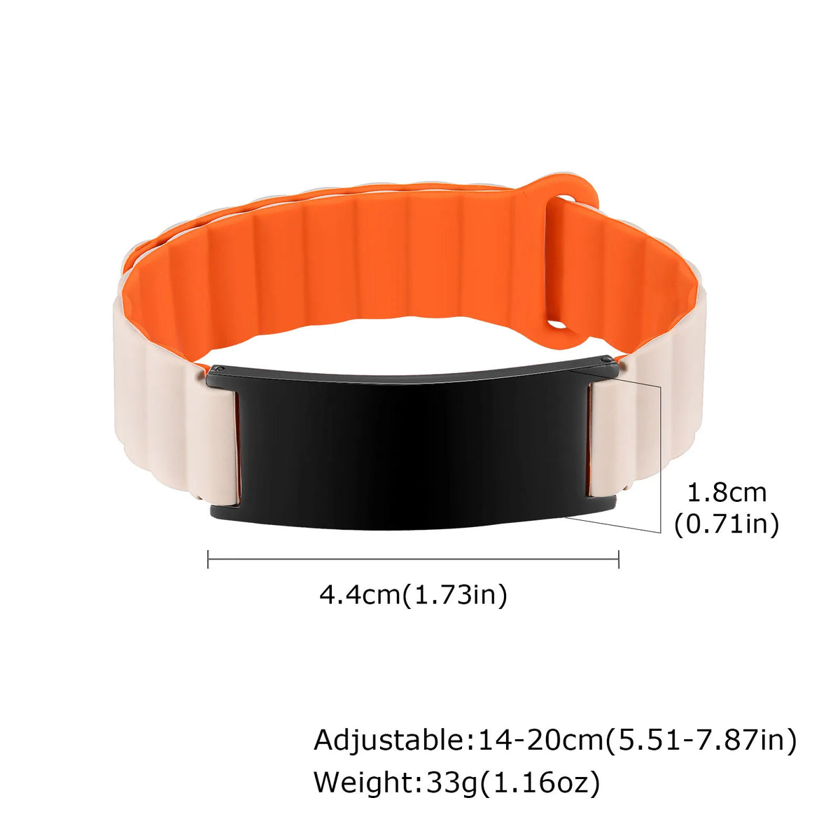 Orange medical ID bracelet with black engraved identification plate