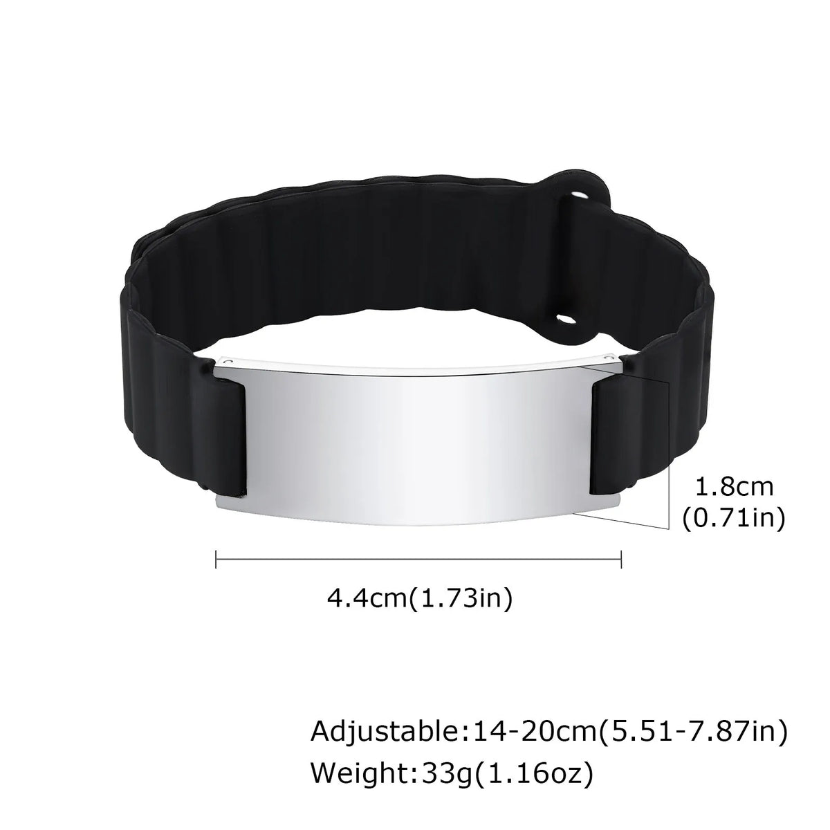 Adjustable black silicone medical ID bracelet with silver ID plate