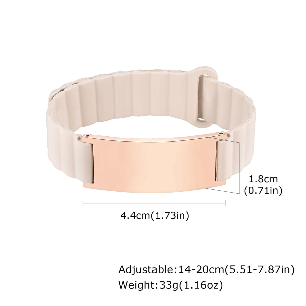 Beige medical ID bracelet with rose gold engraved identification plate